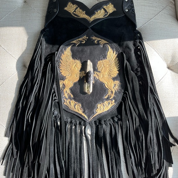 Buffalo Girl Versailles Apache Tasseled Black Leather Bag with Citrine Crystal - Picture 8 of 15